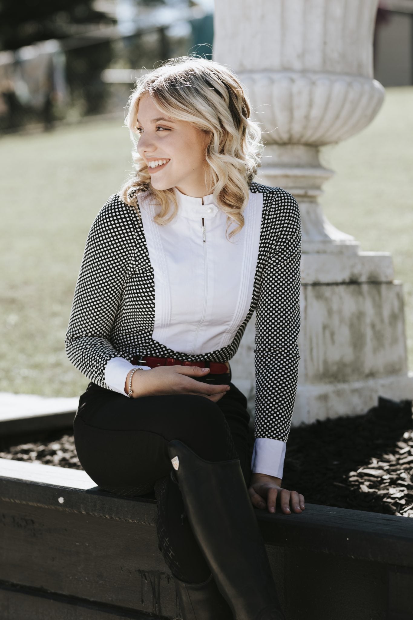 Long Sleeve Riding Shirt Black White Spot- Ladies